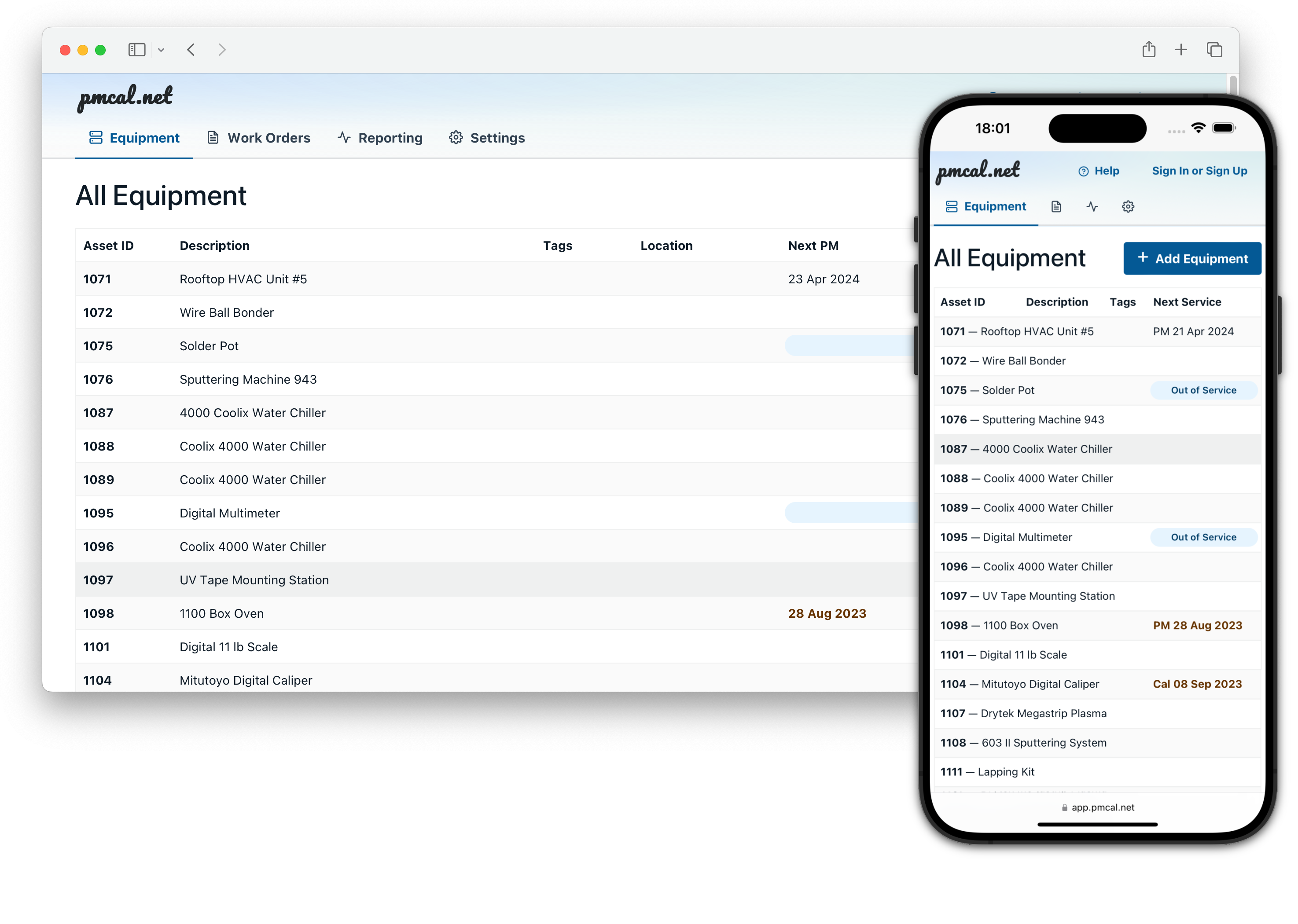 The pmcal.net web app on an iPhone and desktop browser.